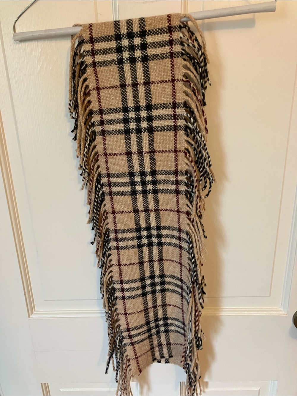 Burberry Beige Plaid Fringe Nova check pattern in tan, black and Burgundy!